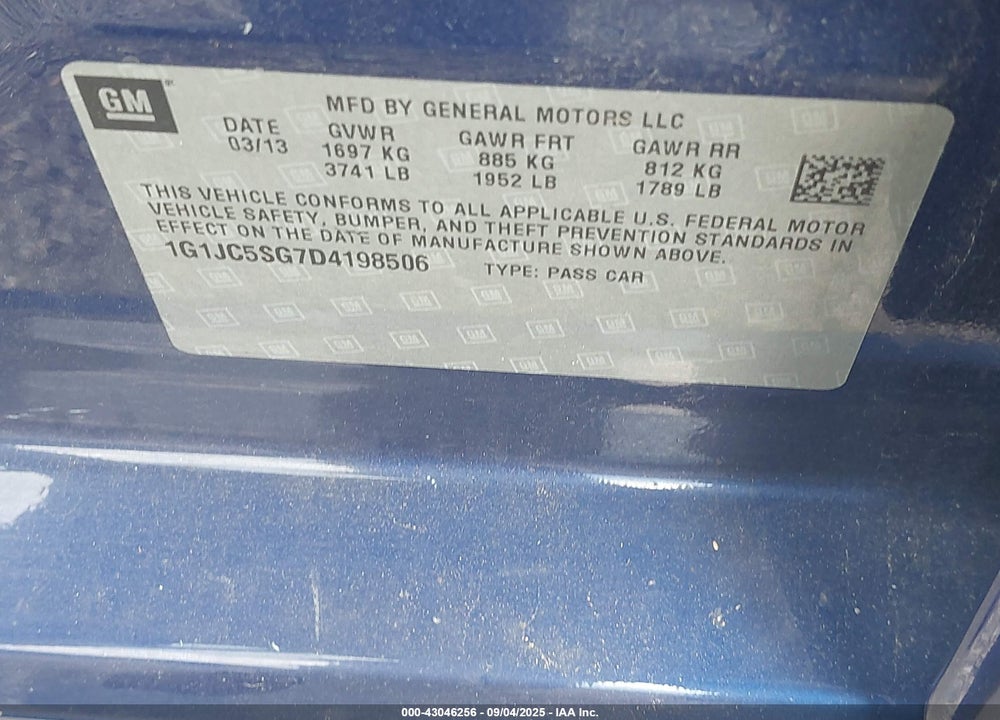2013 CHEVROLET SONIC LT AUTO VIN: 1G1JC5SG7D4198506