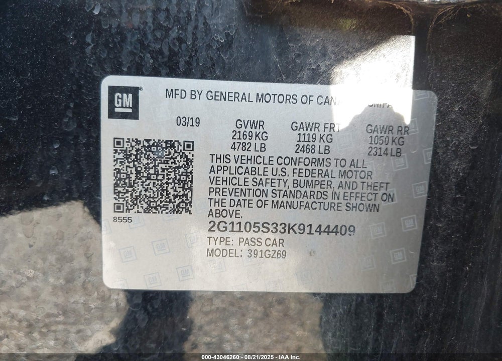2019 CHEVROLET IMPALA VIN: 2G1105S33K9144409