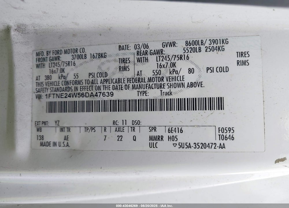 2006 FORD E-250 COMMERCIAL/RECREATIONAL VIN: 1FTNE24W56DA47639