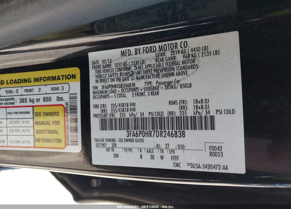 2013 FORD FUSION VIN: 3FA6P0HR7DR246838
