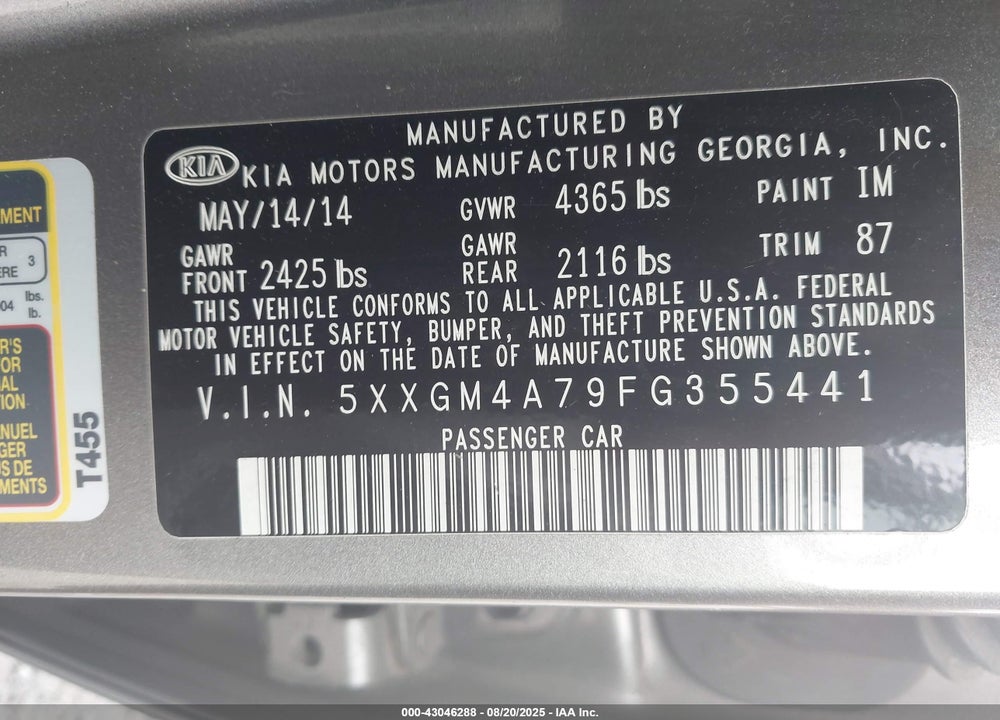 2015 KIA OPTIMA VIN: 5XXGM4A79FG355441