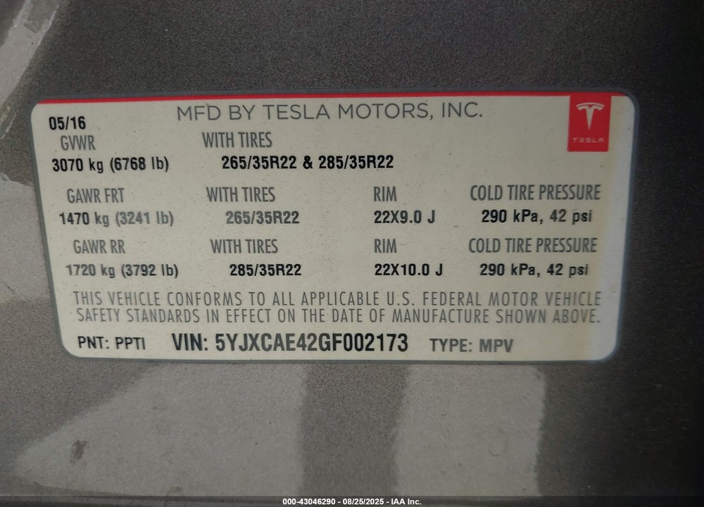 2016 TESLA MODEL X VIN: 5YJXCAE42GF002173