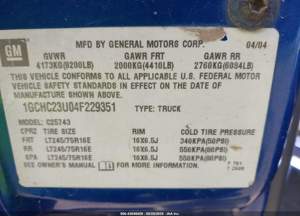 2004 CHEVROLET SILVERADO 2500HD LS VIN: 1GCHC23U04F229351