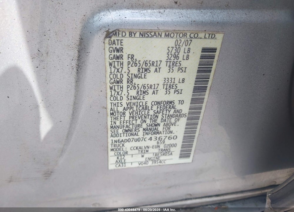 2007 NISSAN FRONTIER LE VIN: 1N6AD07U07C436760