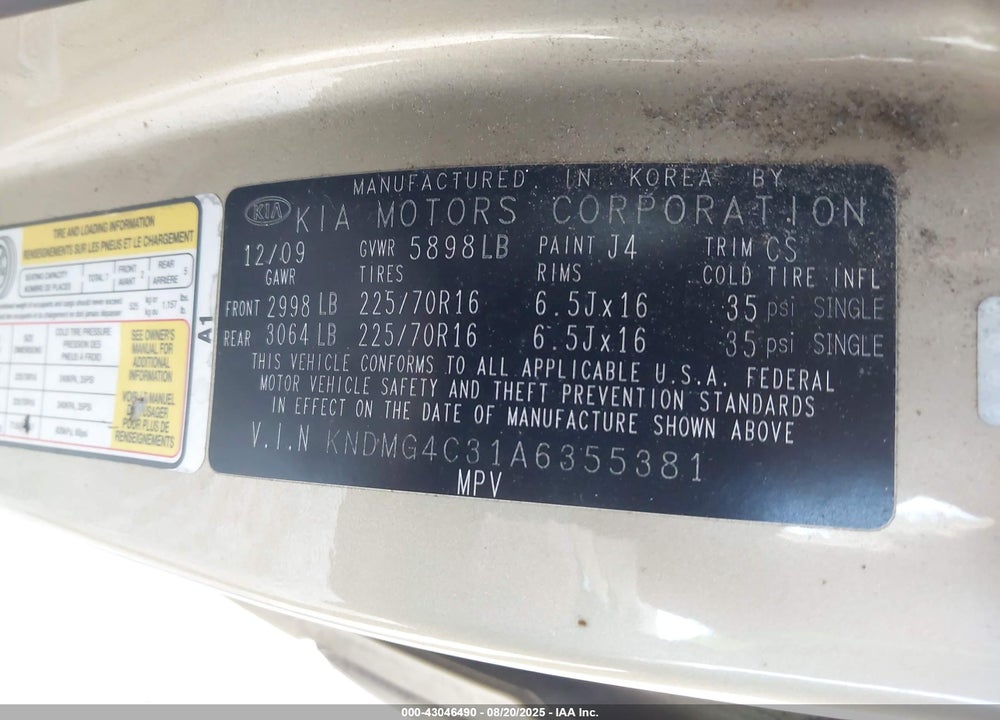 2010 KIA SEDONA LX VIN: KNDMG4C31A6355381