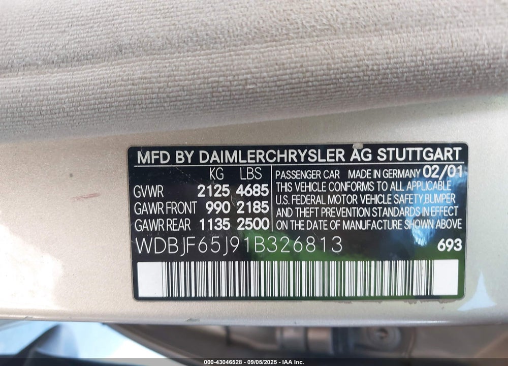 2001 MERCEDES-BENZ E 320 VIN: WDBJF65J91B326813