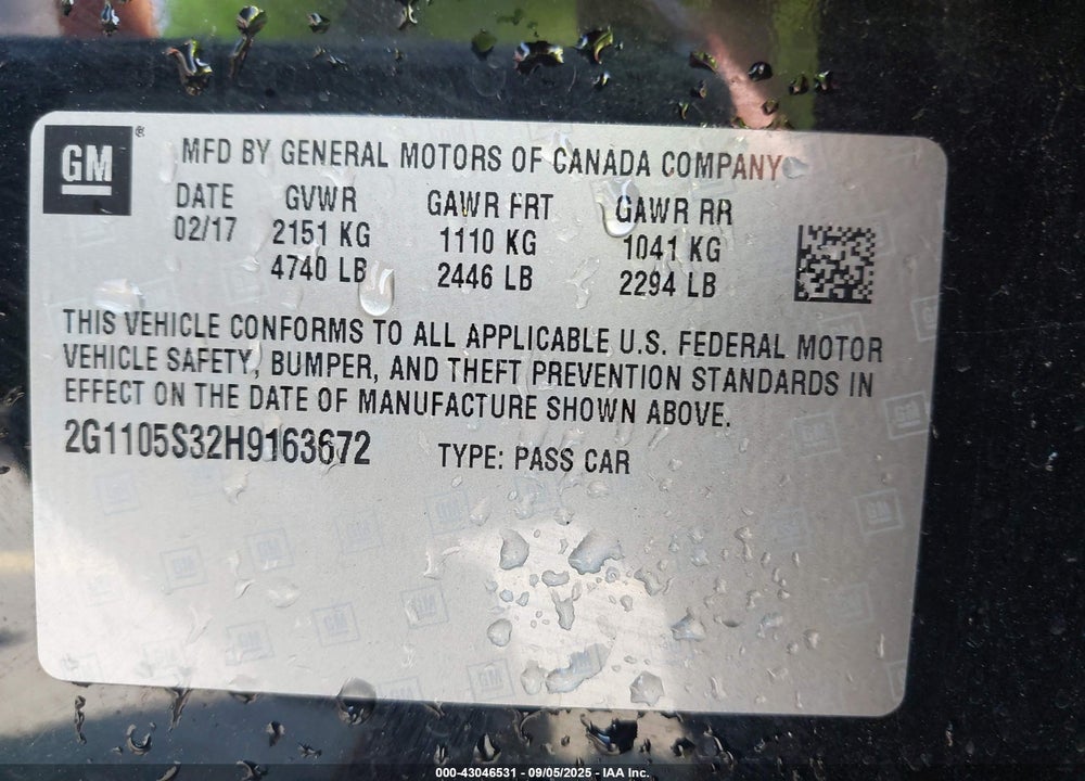 2017 CHEVROLET IMPALA VIN: 2G1105S32H9163672