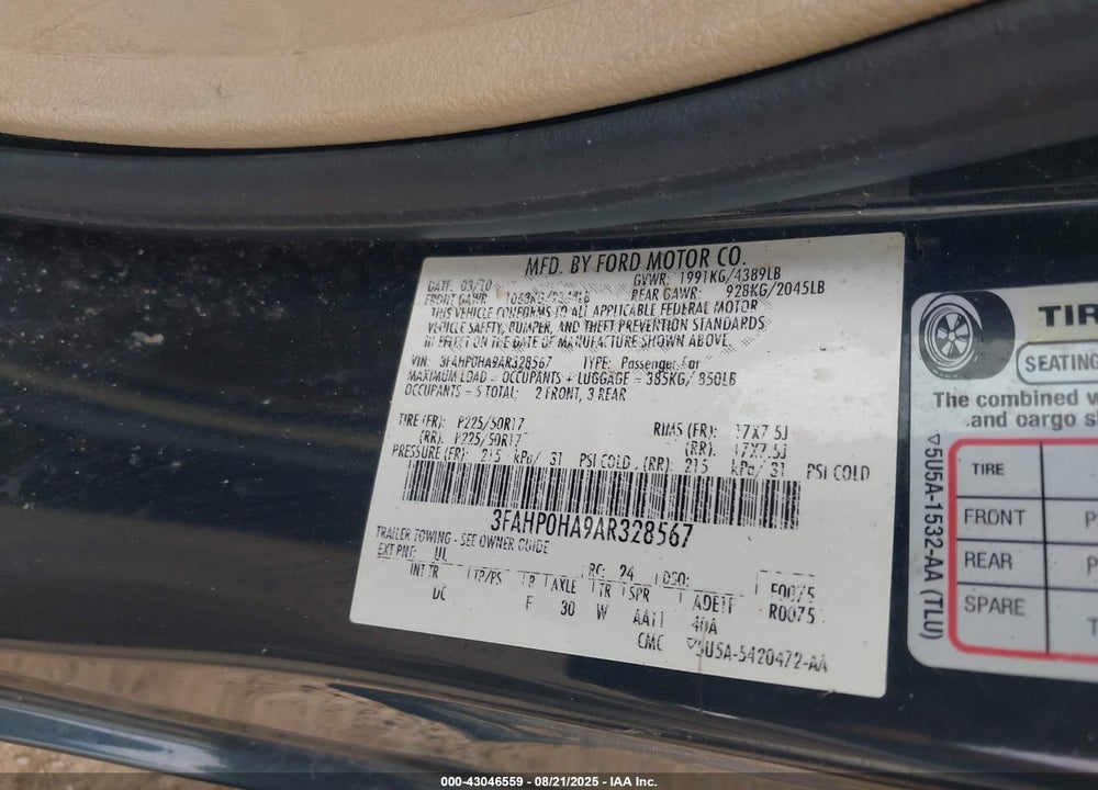 2010 FORD FUSION VIN: 3FAHP0HA9AR328567