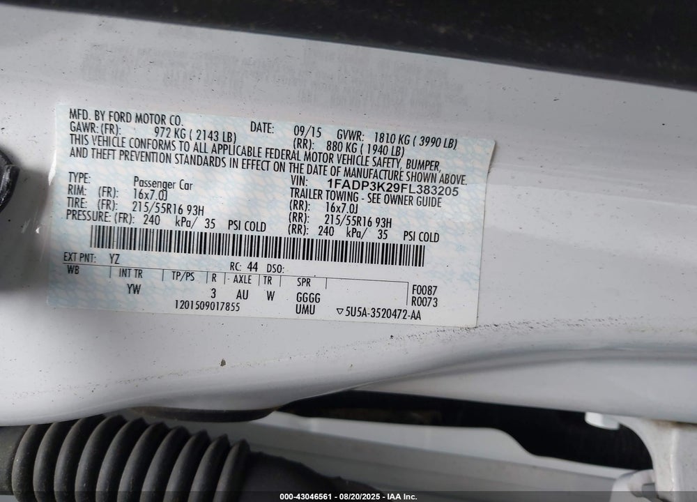 2015 FORD FOCUS SE VIN: 1FADP3K29FL383205