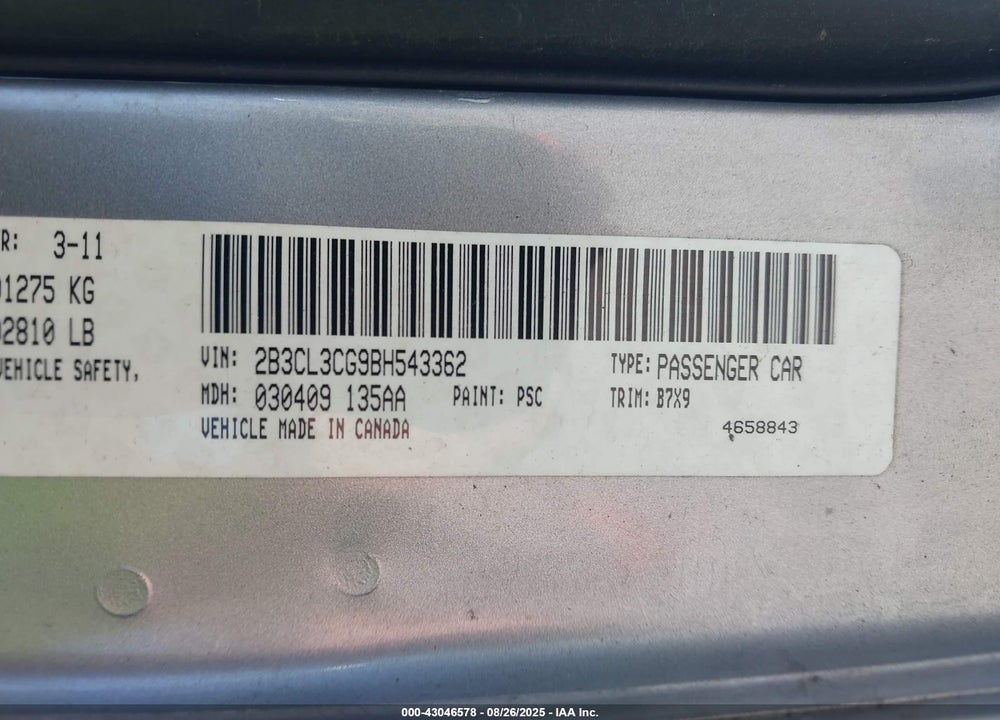 2011 DODGE CHARGER VIN: 2B3CL3CG9BH543362