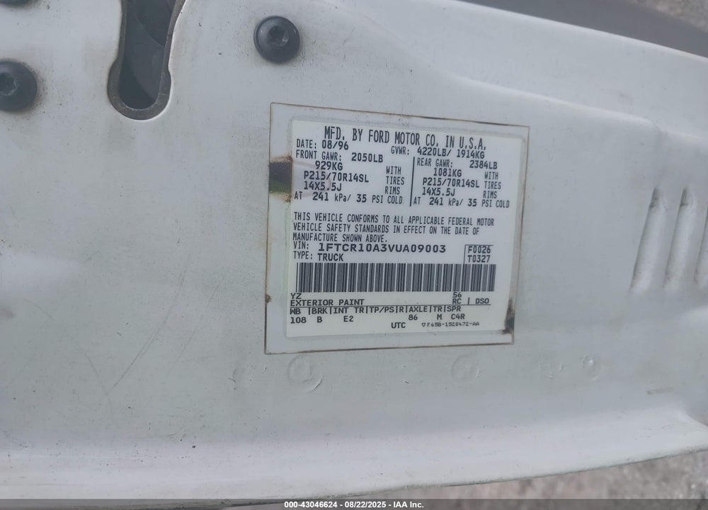 1997 FORD RANGER SPLASH/XL/XLT VIN: 1FTCR10A3VUA09003