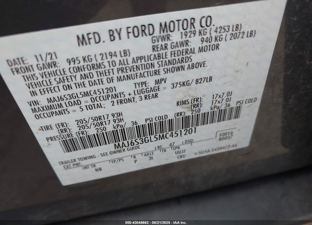 2021 FORD ECOSPORT VIN: MAJ6S3GL5MC451201