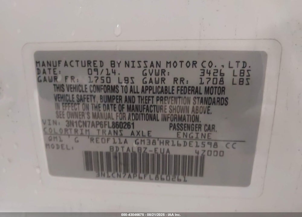 2015 NISSAN VERSA VIN: 3N1CN7AP6FL860261