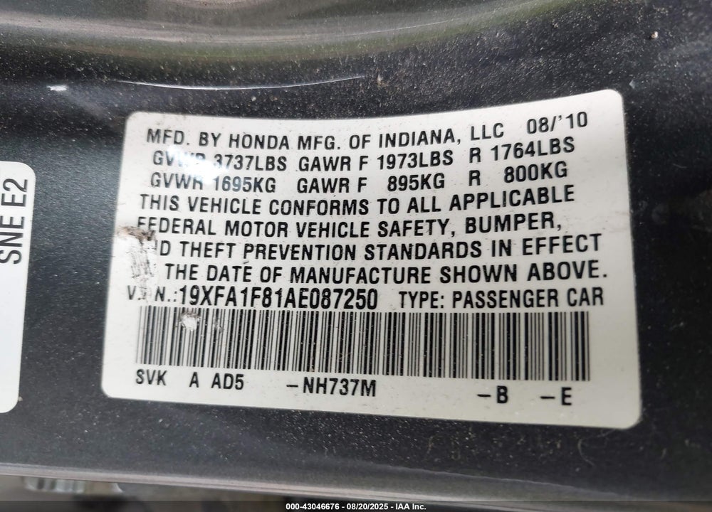 2010 HONDA CIVIC EX VIN: 19XFA1F81AE087250