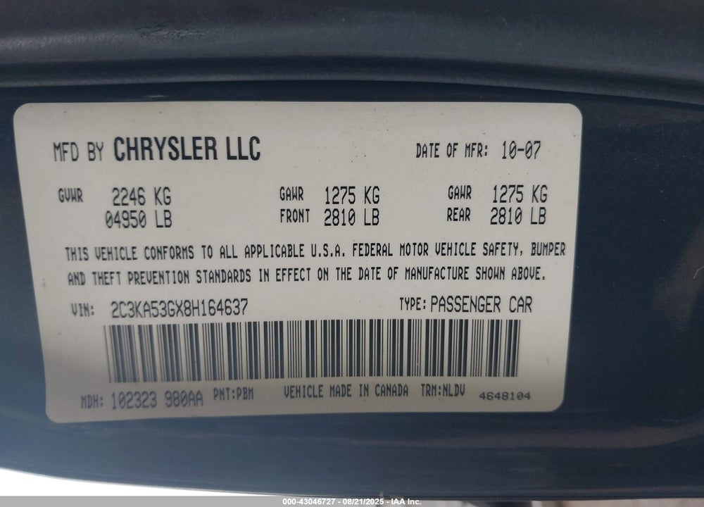 2008 CHRYSLER 300 TOURING VIN: 2C3KA53GX8H164637