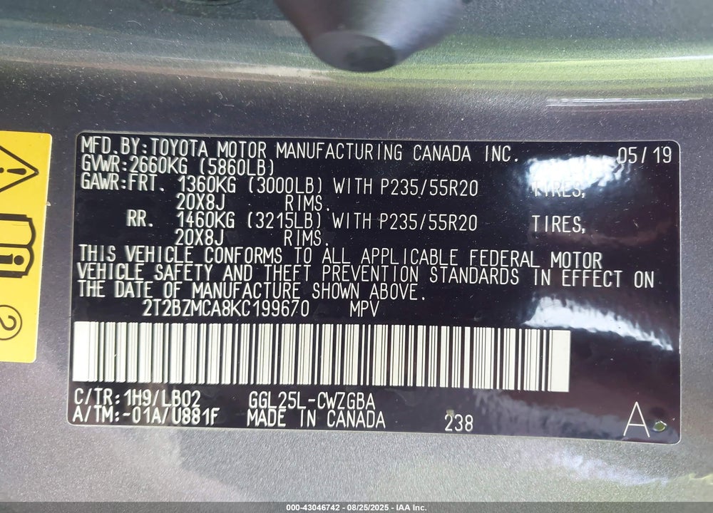 2019 LEXUS RX 350 VIN: 2T2BZMCA8KC199670