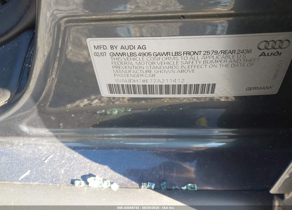 2007 AUDI A4 VIN: WAUDH78E77A211412