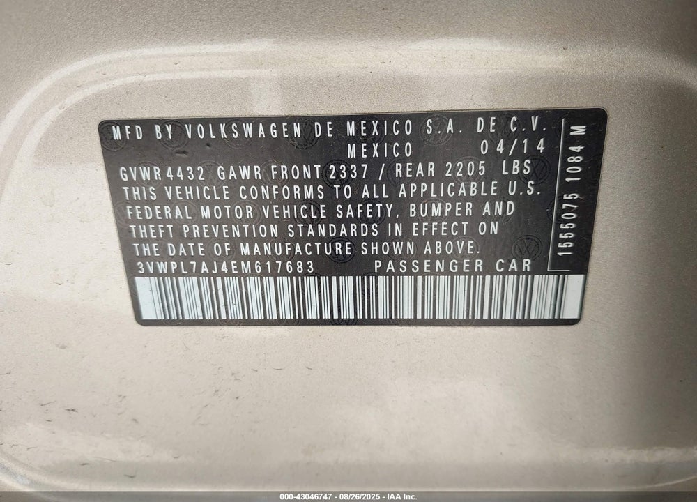 2014 VOLKSWAGEN JETTA VIN: 3VWPL7AJ4EM617683