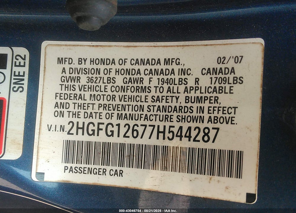2007 HONDA CIVIC LX VIN: 2HGFG12677H544287