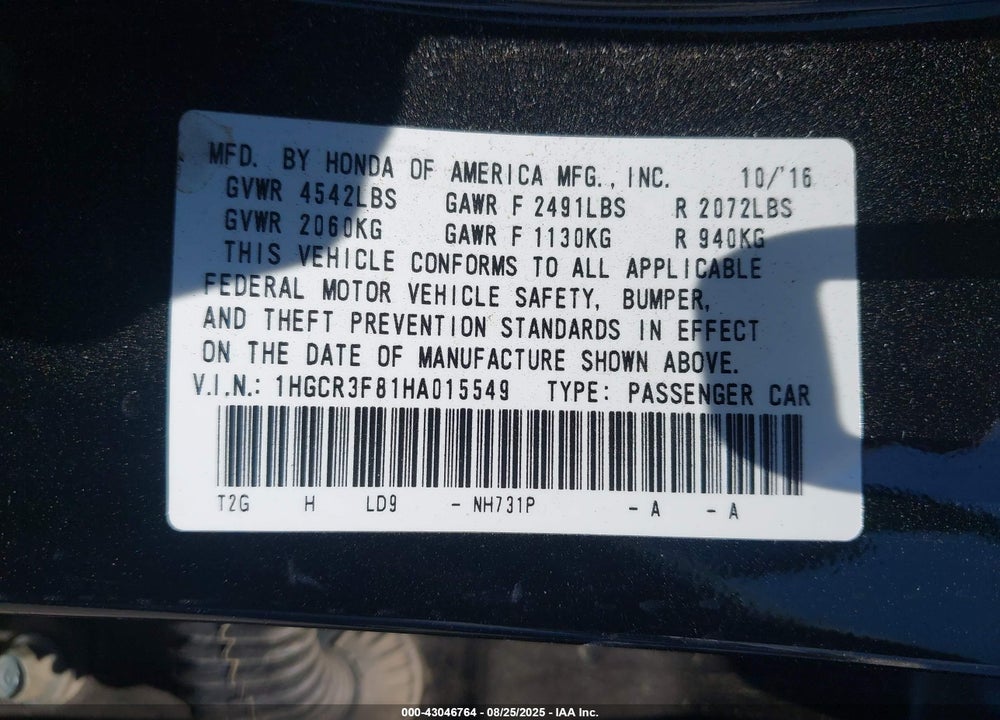 2017 HONDA ACCORD VIN: 1HGCR3F81HA015549