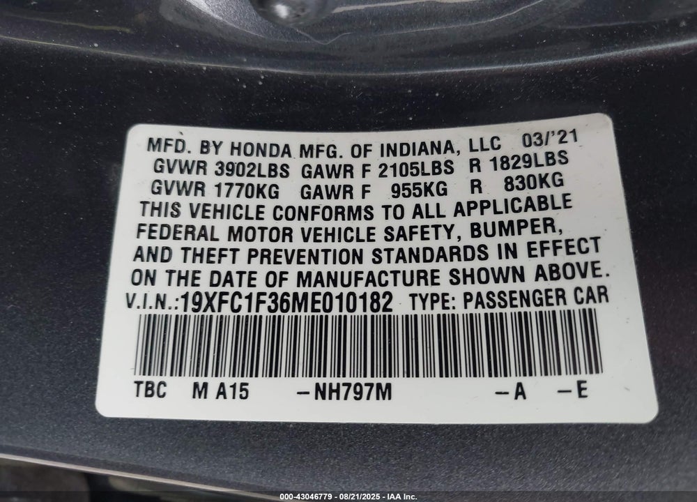 2021 HONDA CIVIC VIN: 19XFC1F36ME010182