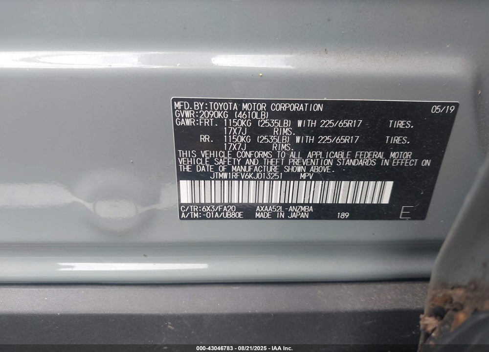 2019 TOYOTA RAV4 VIN: JTMW1RFV6KJ013251
