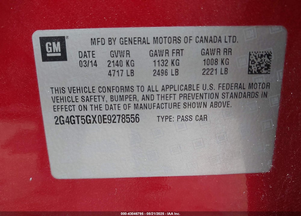 2014 BUICK REGAL VIN: 2G4GT5GX0E9278556