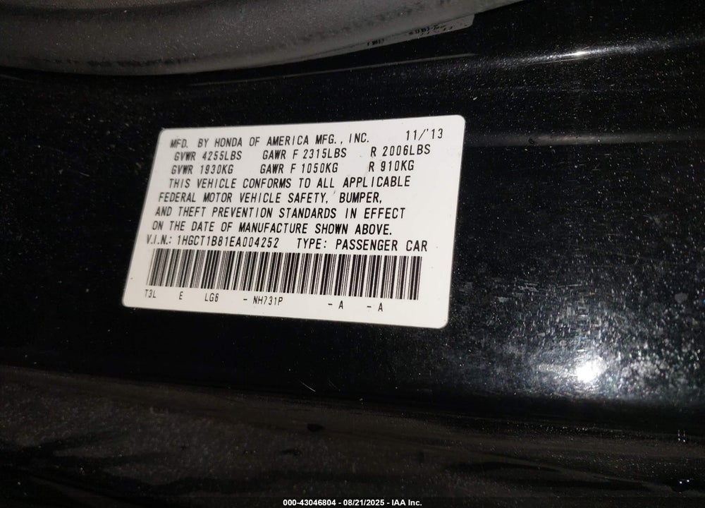 2014 HONDA ACCORD VIN: 1HGCT1B81EA004252