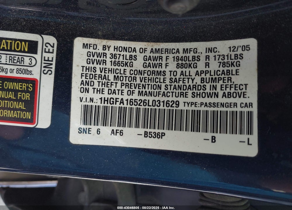 2006 HONDA CIVIC LX VIN: 1HGFA16526L031629