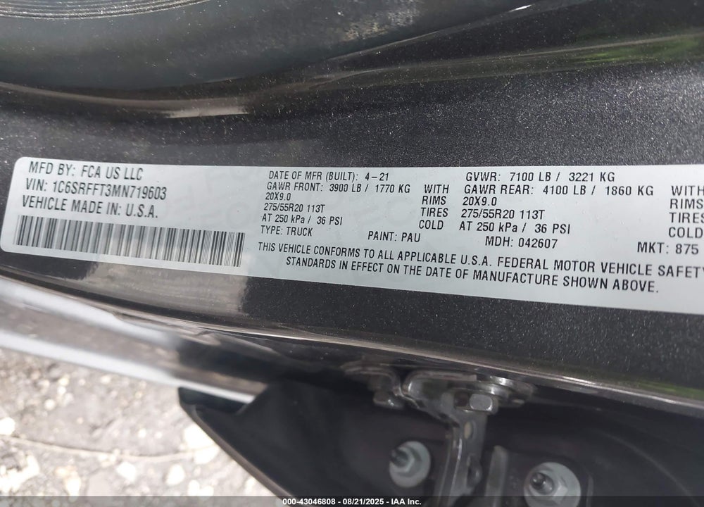 2021 RAM 1500 VIN: 1C6SRFFT3MN719603