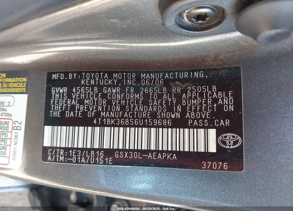 2006 TOYOTA AVALON VIN: 4T1BK36B56U159686