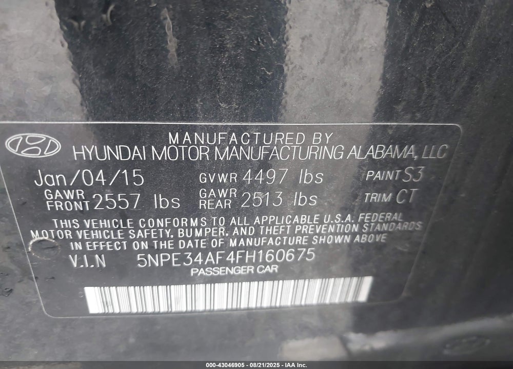 2015 HYUNDAI SONATA LIMITED VIN: 5NPE34AF4FH160675