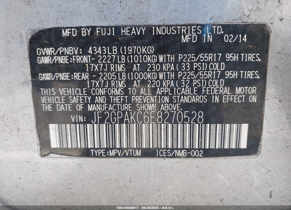 2014 SUBARU XV CROSSTREK 2.0I LIMITED VIN: JF2GPAKC6E8270528