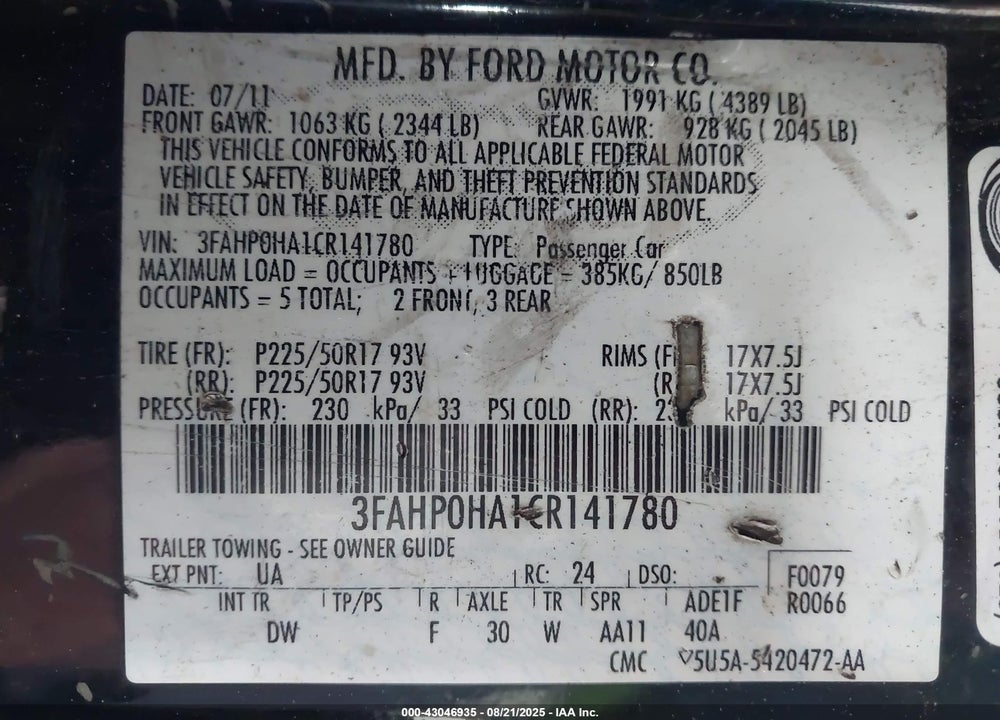 2012 FORD FUSION VIN: 3FAHP0HA1CR141780
