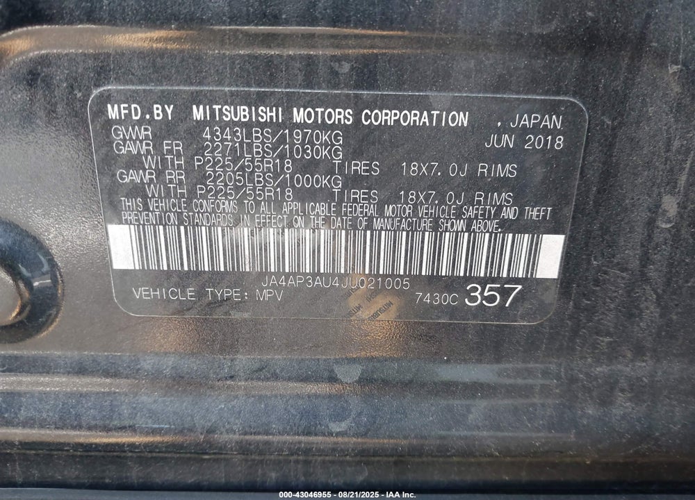 2018 MITSUBISHI OUTLANDER SPORT VIN: JA4AP3AU4JU021005