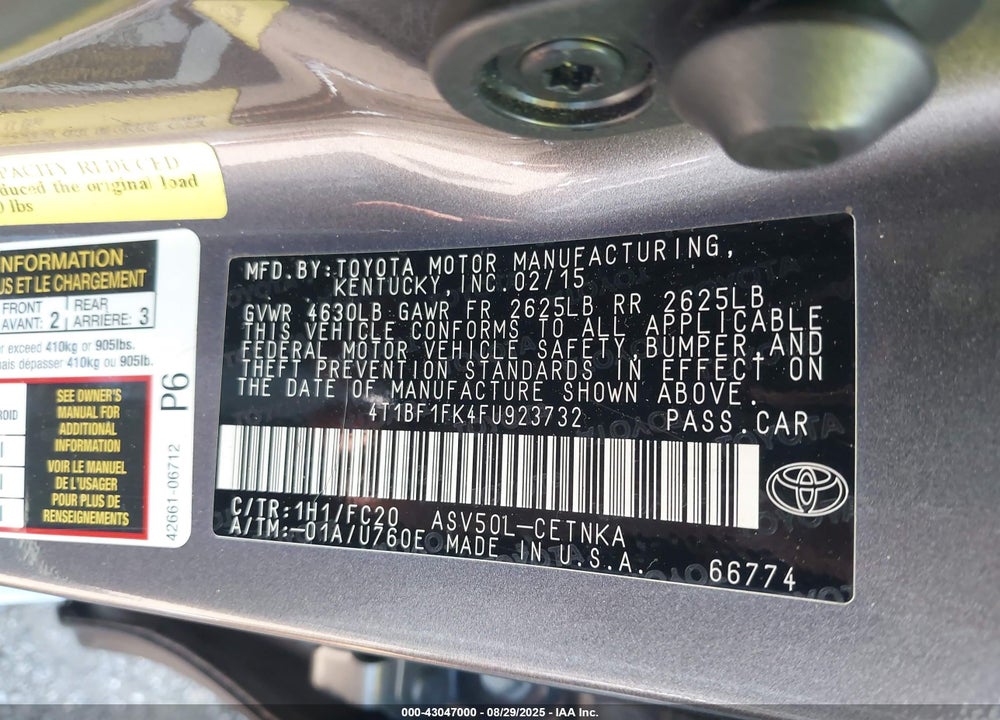 2015 TOYOTA CAMRY LE VIN: 4T1BF1FK4FU923732