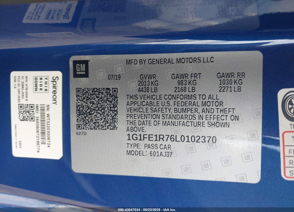 2020 CHEVROLET CAMARO VIN: 1G1FE1R76L0102370