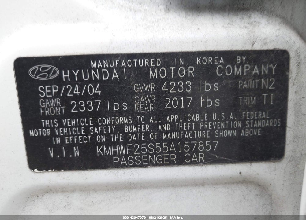 2005 HYUNDAI SONATA GL VIN: KMHWF25S55A157857