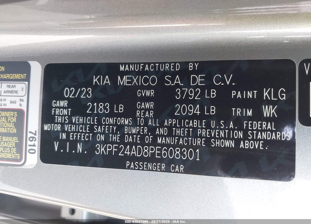 2023 KIA FORTE VIN: 3KPF24AD8PE608301