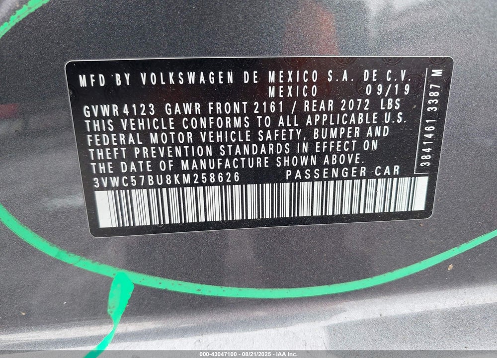 2019 VOLKSWAGEN JETTA VIN: 3VWC57BU8KM258626