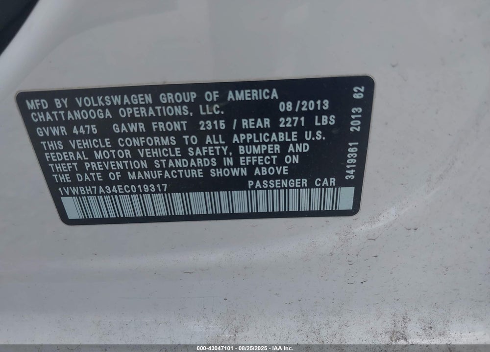 2014 VOLKSWAGEN PASSAT VIN: 1VWBH7A34EC019317