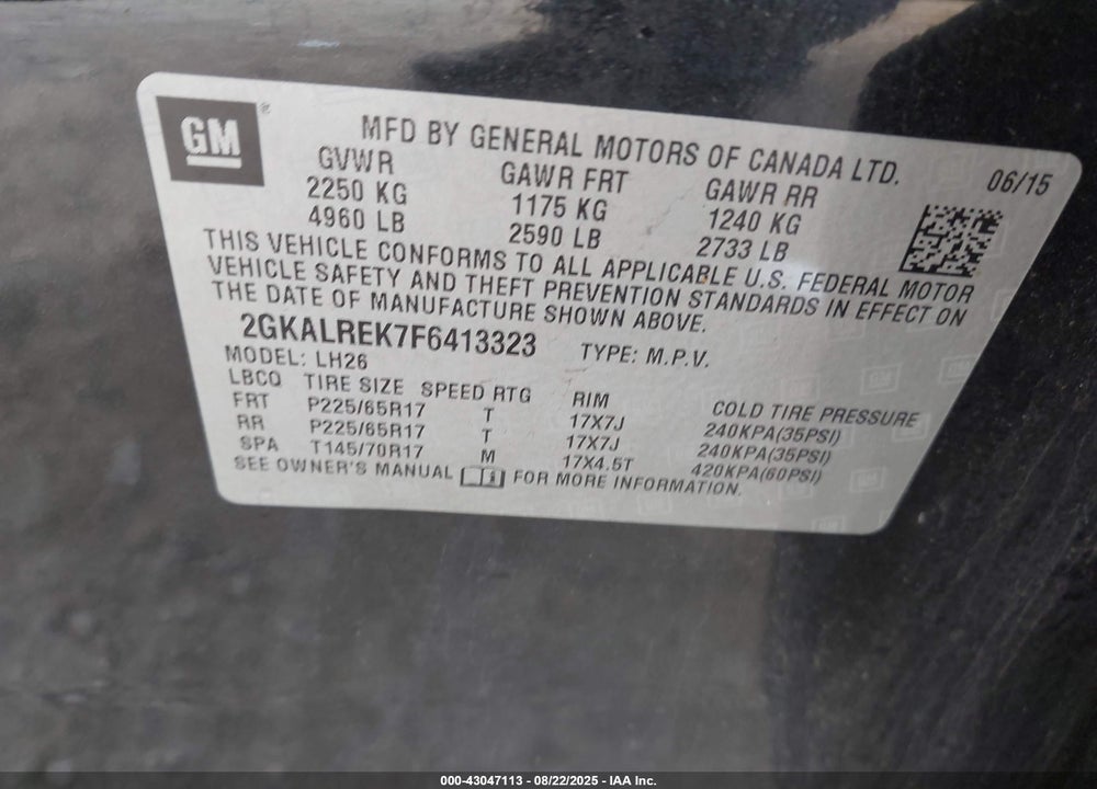 2015 GMC TERRAIN VIN: 2GKALREK7F6413323