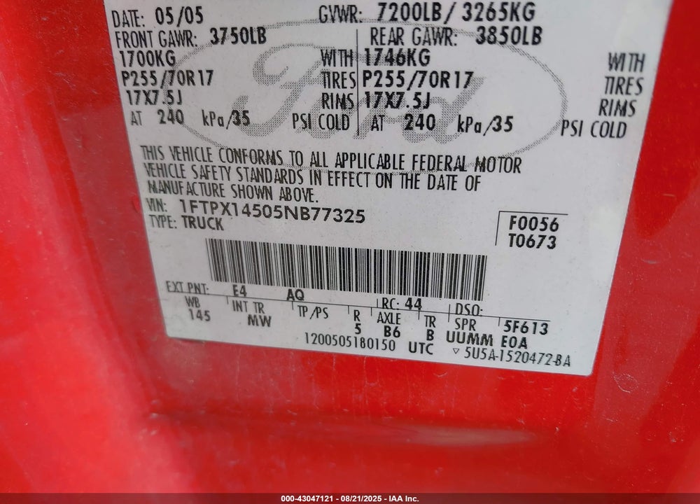 2005 FORD F-150 VIN: 1FTPX14505NB77325