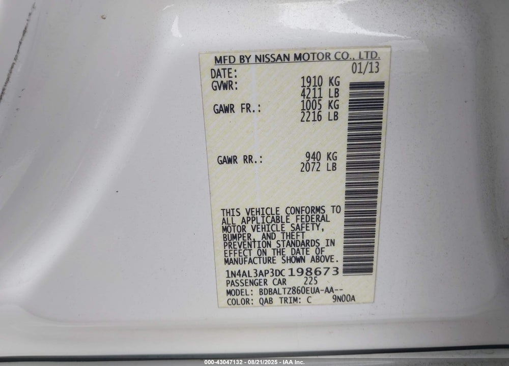 2013 NISSAN ALTIMA VIN: 1N4AL3AP3DC198673