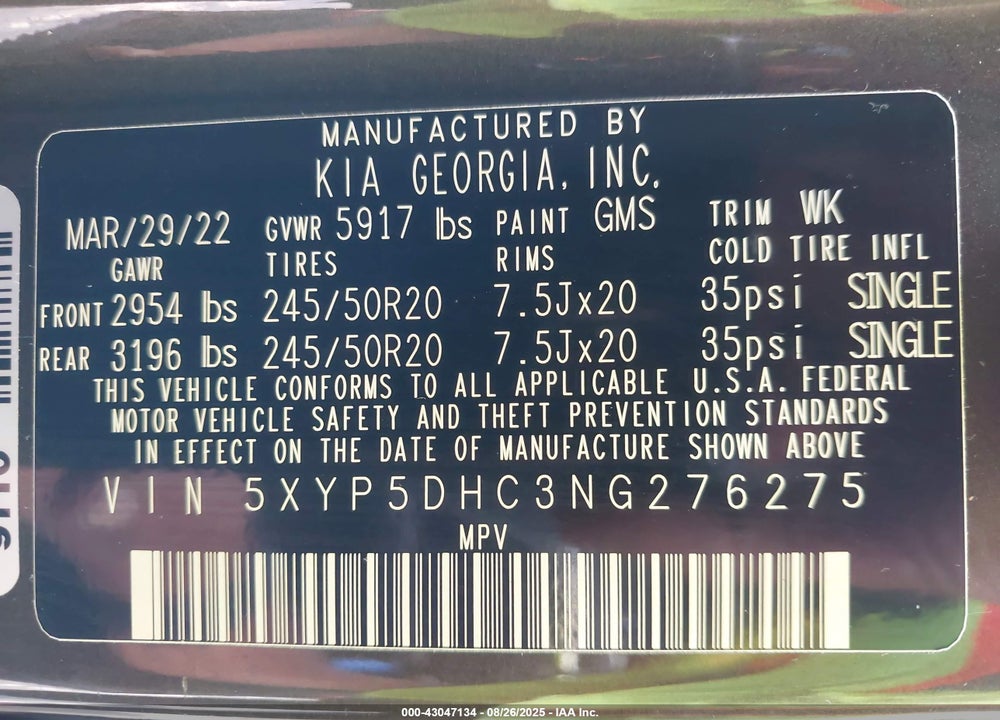 2022 KIA TELLURIDE VIN: 5XYP5DHC3NG276275