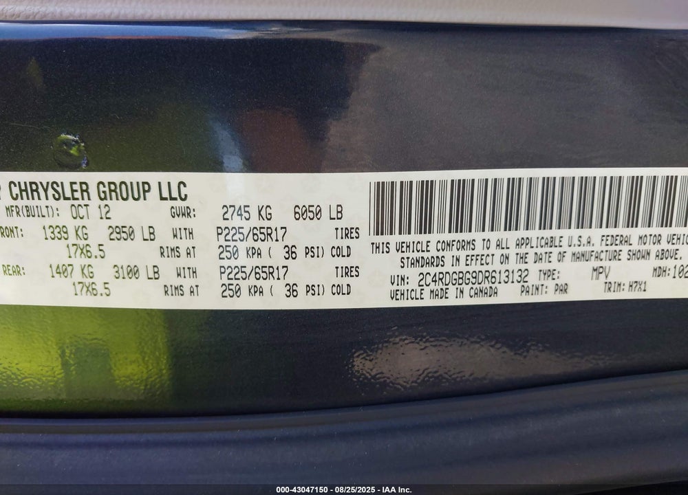 2013 DODGE GRAND CARAVAN SE VIN: 2C4RDGBG9DR613132