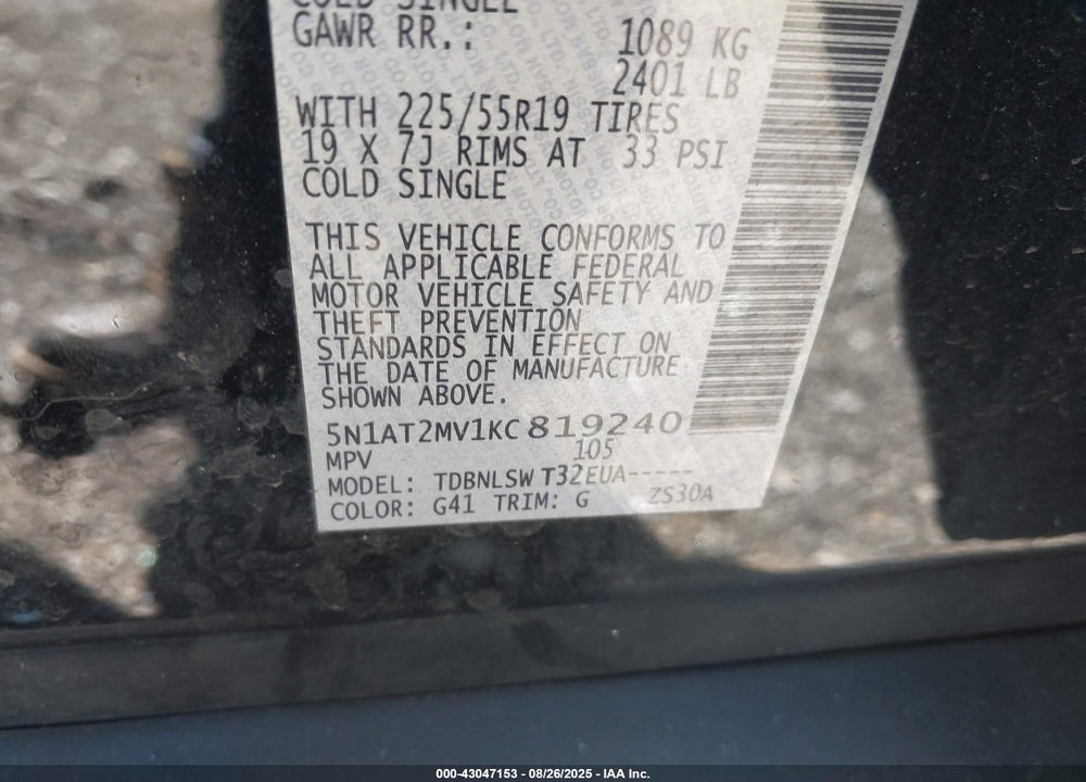 2019 NISSAN ROGUE VIN: 5N1AT2MV1KC819240