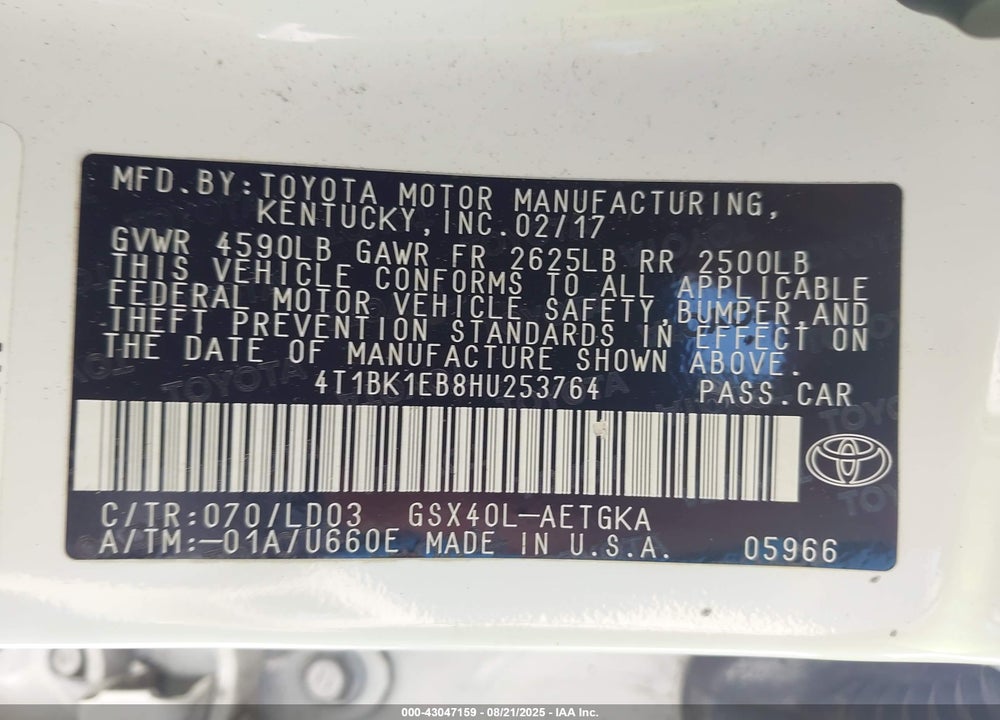 2017 TOYOTA AVALON XLE VIN: 4T1BK1EB8HU253764