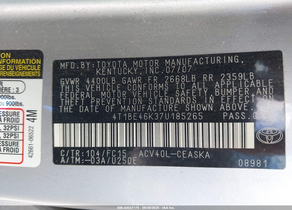2007 TOYOTA CAMRY SE VIN: 4T1BE46K37U185265