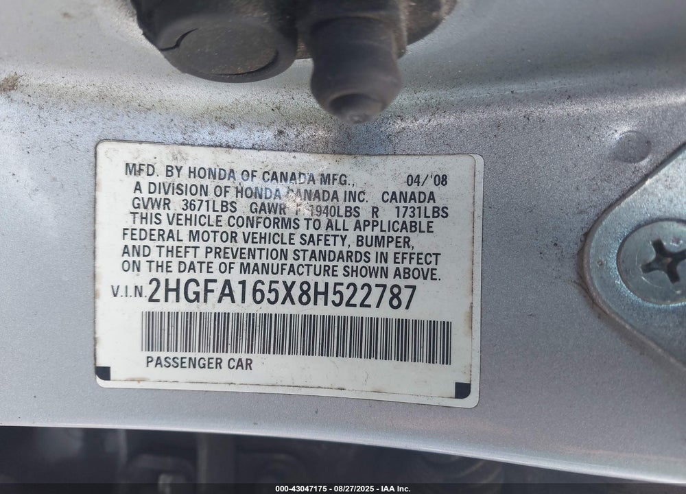 2008 HONDA CIVIC LX VIN: 2HGFA165X8H522787